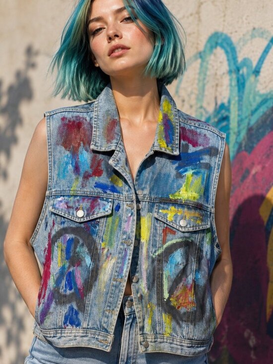 Jones New York Jackets & Blazers - JONES JEANS Denim Vest Skull Peace Sign Size XL Upcycled Handpainted